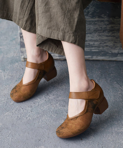 Brown High Heels Chunky Cowhide Leather Splicing High Heels