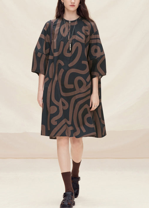 Brown O Neck Print Cotton Mid Dress Lantern Sleeve