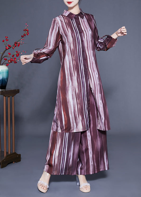 Brown Peter Pan Collar Tie Dye Silk Long Shirt and Straight Pants Two Pieces Set Spring
