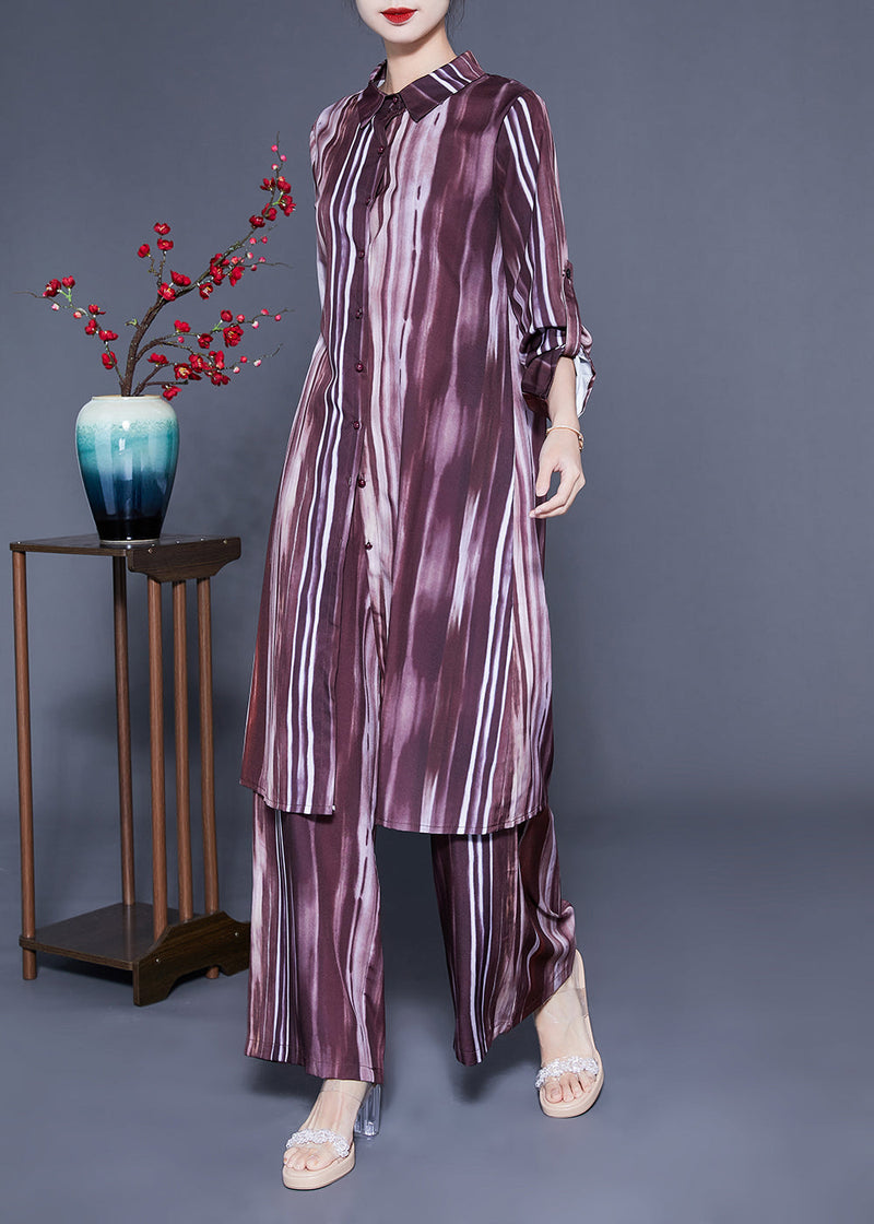 Brown Peter Pan Collar Tie Dye Silk Long Shirt and Straight Pants Two Pieces Set Spring
