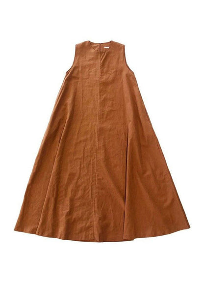 Brown Red Pockets Loose Cotton Dress Sleeveless