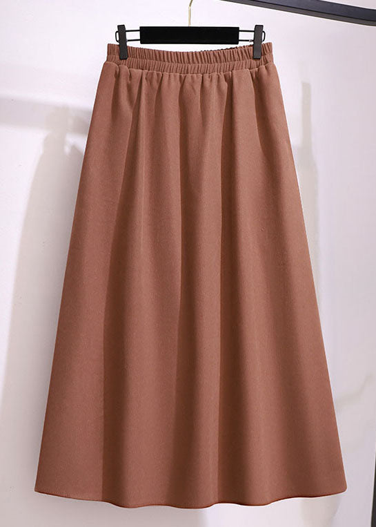 Brown Wrinkled Elastic Waist Patchwork Cotton Skirts Fall