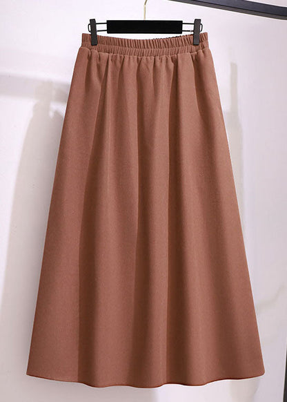 Brown Wrinkled Elastic Waist Patchwork Cotton Skirts Fall
