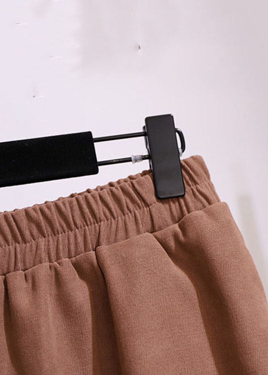 Brown Wrinkled Elastic Waist Patchwork Cotton Skirts Fall