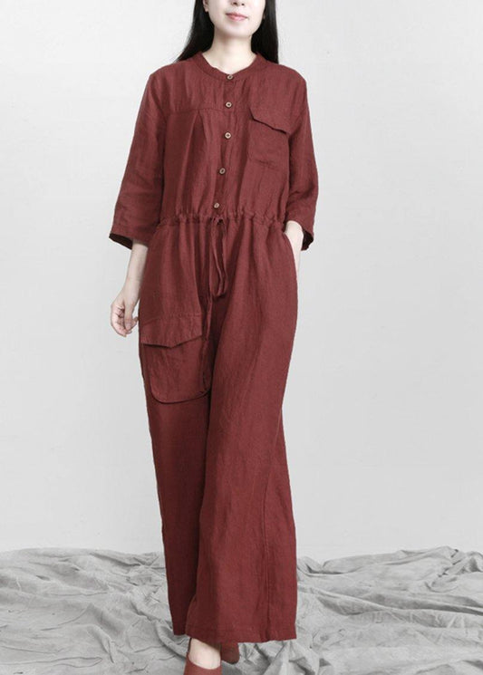 Burgundy Drawstring Half Sleeve Linen Body Suits Romper
