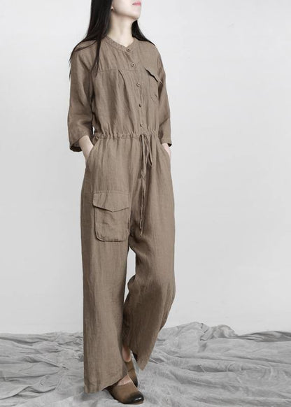 Burgundy Drawstring Half Sleeve Linen Body Suits Romper