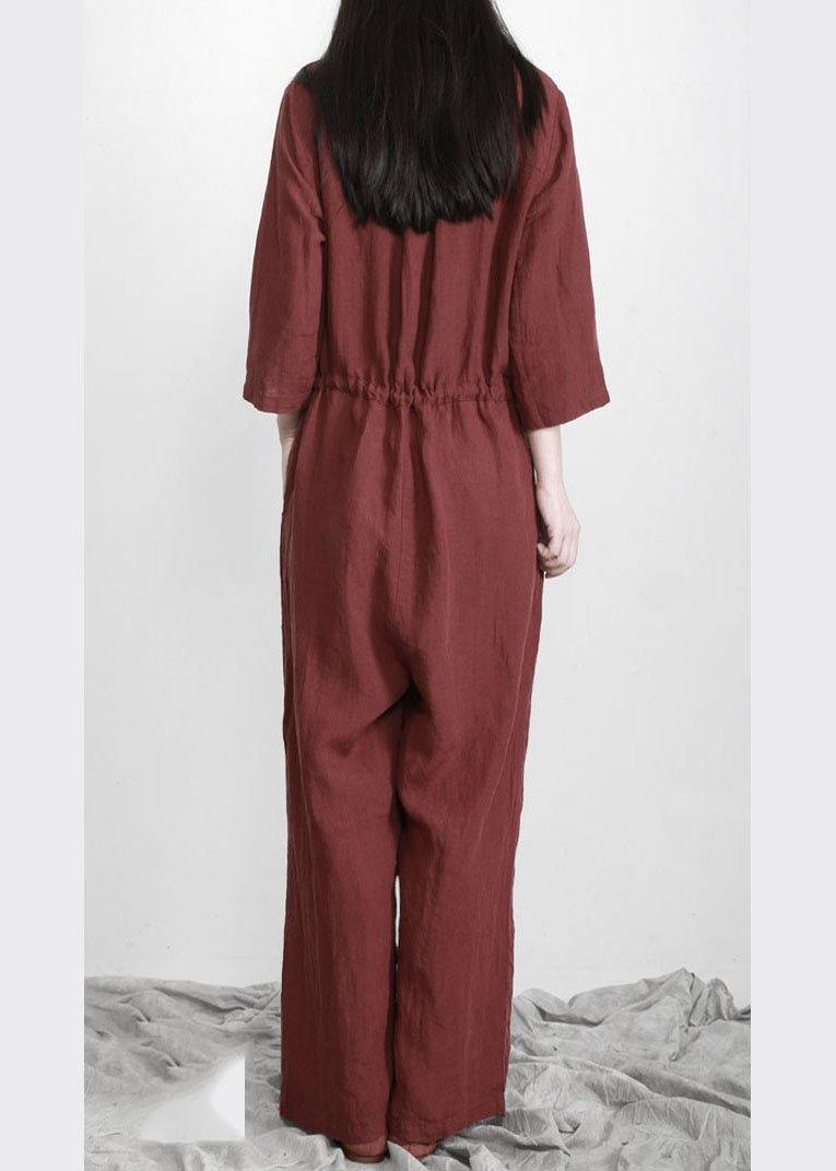 Burgundy Drawstring Half Sleeve Linen Body Suits Romper
