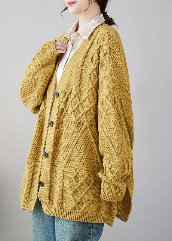 Yellow V Neck Button Knit Cardigans Coat Fall