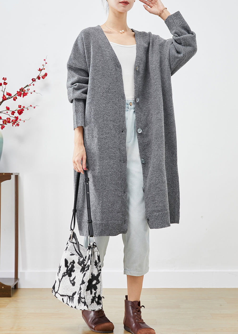 Charcoal Grey Oversized Button Down Knit Cardigan Fall