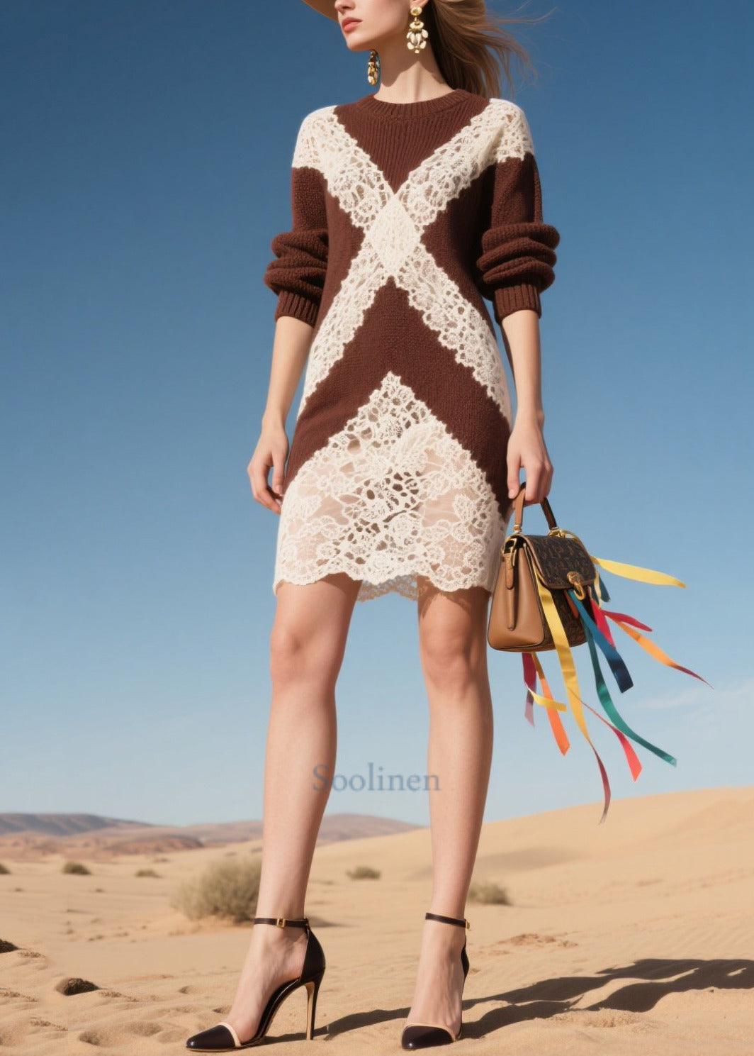 Chocolate Hollow Out Patchwork Lace Knit Mid Dress Fall