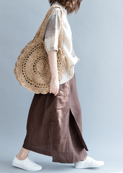 Chocolate Asymmetrical Pockets Linen Skirts Spring