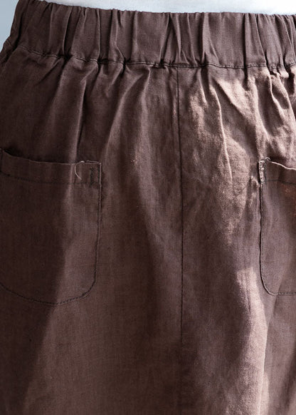 Chocolate Asymmetrical Pockets Linen Skirts Spring