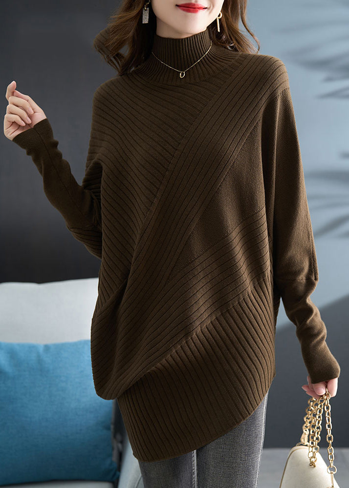 Coffee Half Hign Neck Knit Sweaters Batwing Sleeve