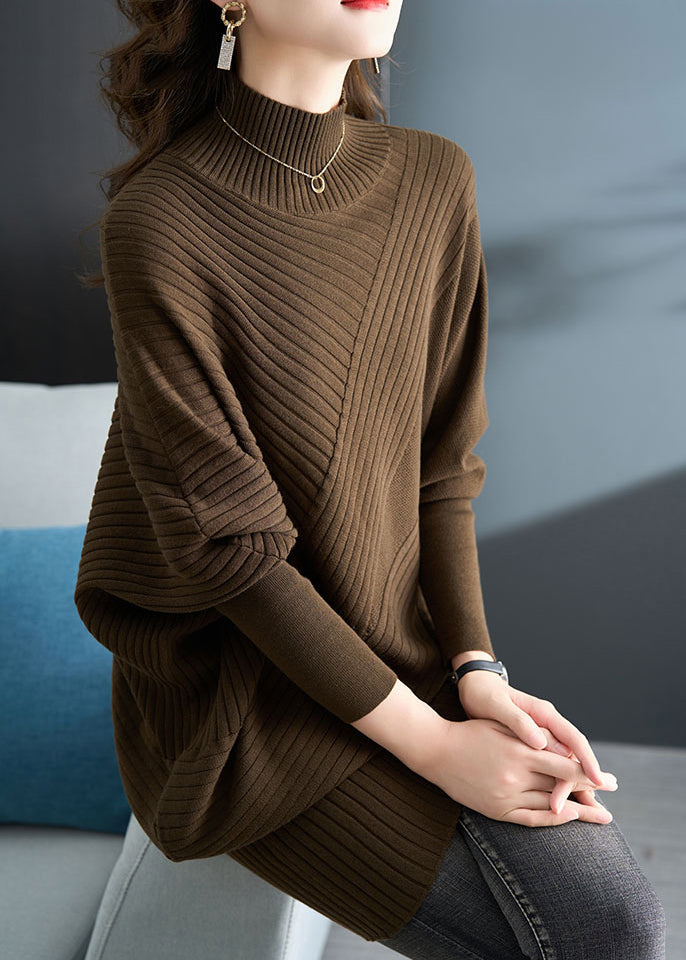 Coffee Half Hign Neck Knit Sweaters Batwing Sleeve