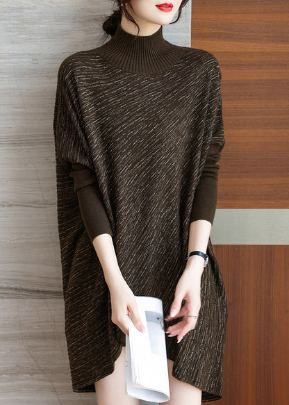 Coffee Low High Design Knit Sweater Batwing Sleeve