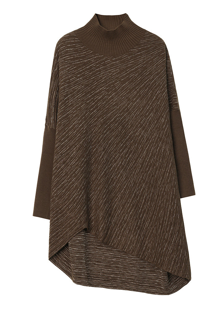 Coffee Low High Design Knit Sweater Batwing Sleeve