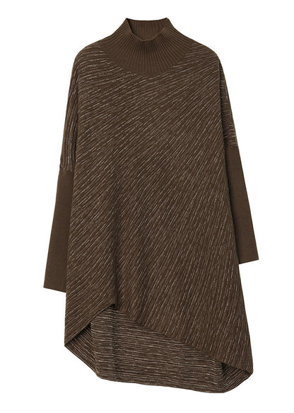 Coffee Low High Design Knit Sweater Batwing Sleeve