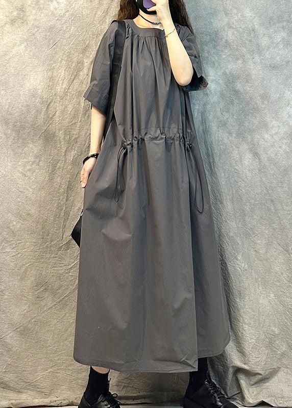 Coffee O-neck Drawstring Cotton Dresses Summer