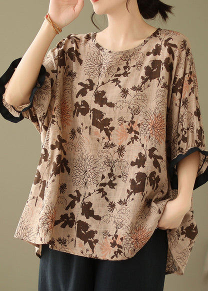 Coffee O Neck Print Patchwork Cotton Top Summer