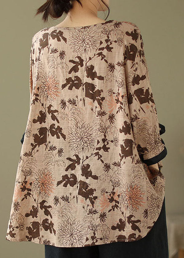 Coffee O Neck Print Patchwork Cotton Top Summer