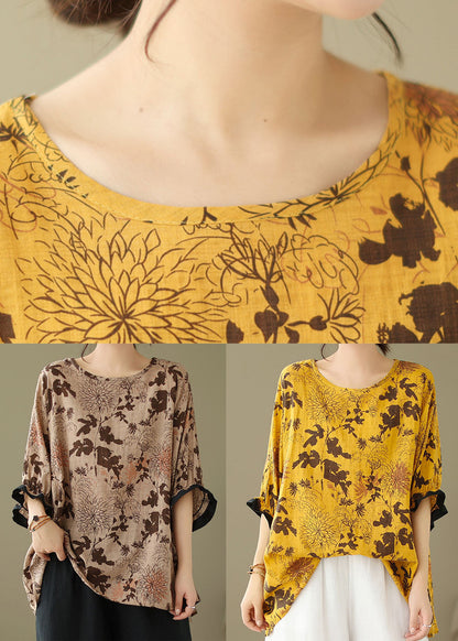 Coffee O Neck Print Patchwork Cotton Top Summer