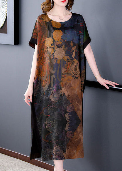 Coffee O Neck Print Side Open Patchwork Silk Dresses Summer