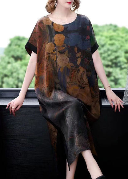Coffee O Neck Print Side Open Patchwork Silk Dresses Summer