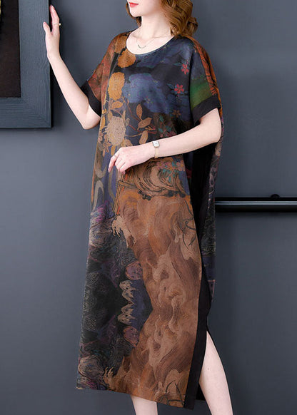 Coffee O Neck Print Side Open Patchwork Silk Dresses Summer