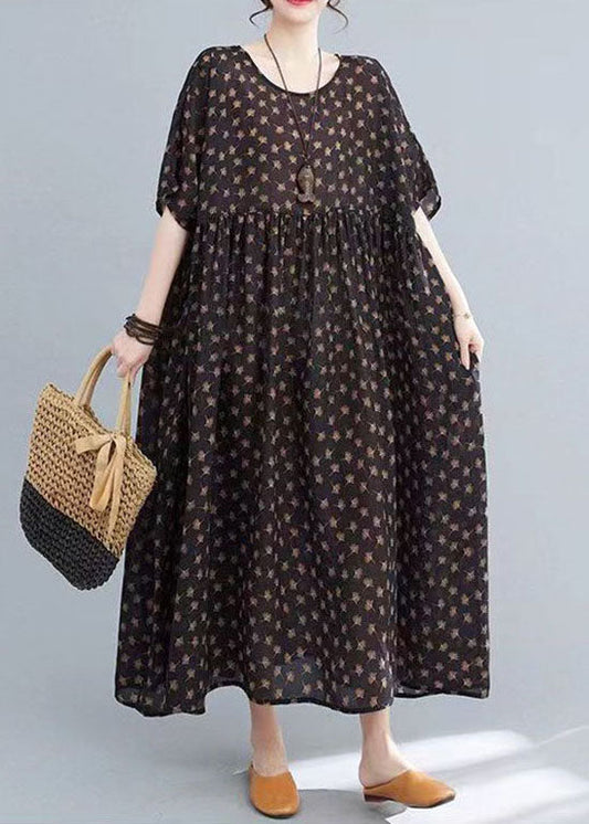 Coffee O Neck Print Wrinkled Patchwork Cotton Long Dresses Summer