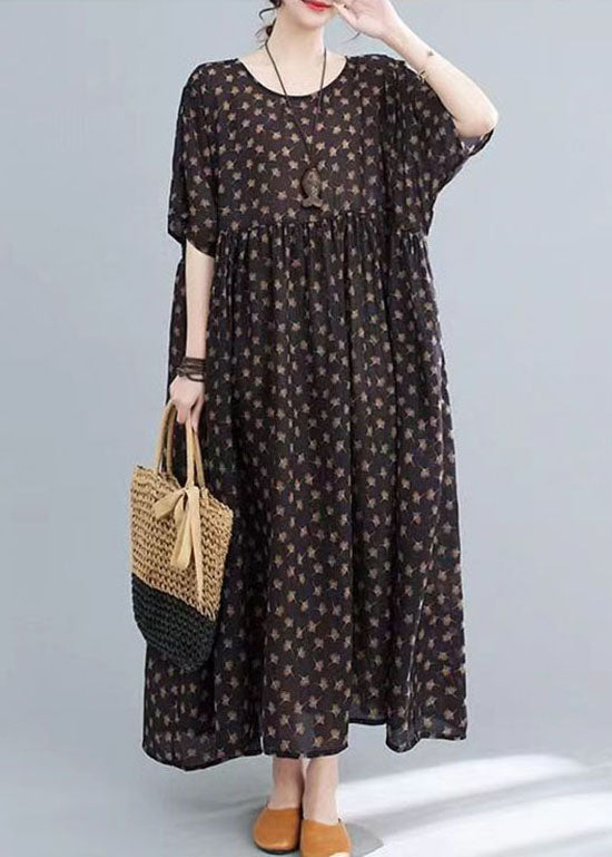 Coffee O Neck Print Wrinkled Patchwork Cotton Long Dresses Summer
