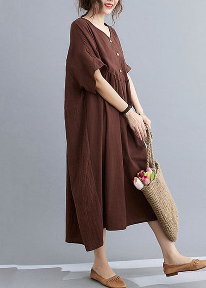 Coffee O Neck Wrinkled Patchwork Cotton Long Dresses Short Sleeve