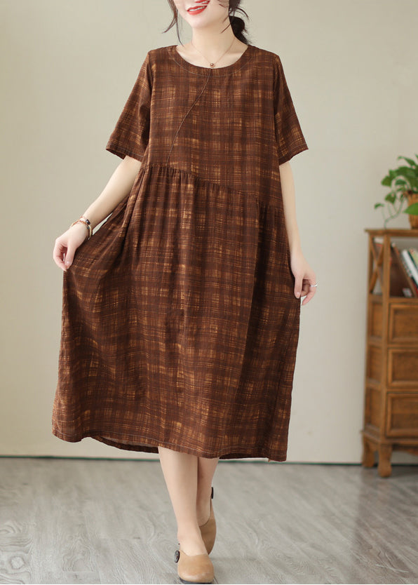 Coffee Oversized Plaid Linen Holiday Dress Summer