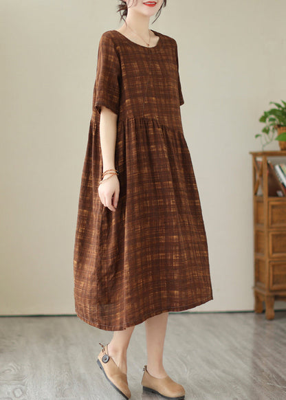Coffee Oversized Plaid Linen Holiday Dress Summer