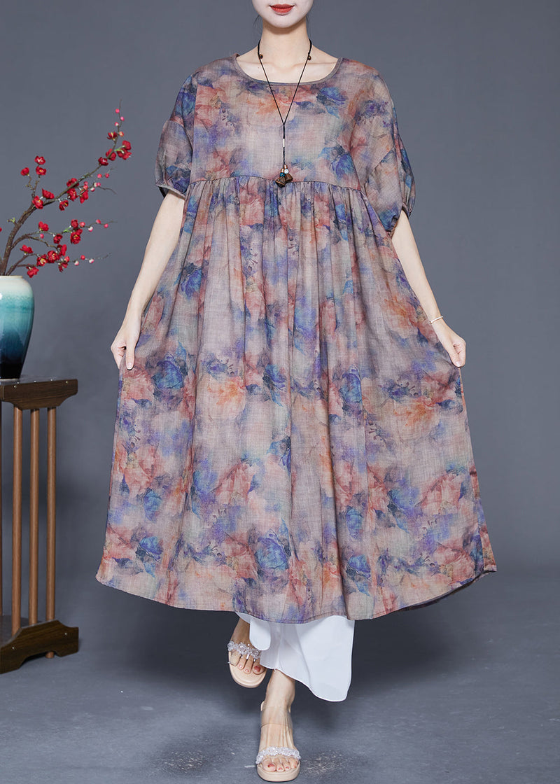 Coffee Oversized Print Linen Maxi Dress Summer