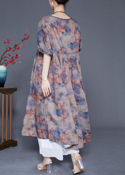 Coffee Oversized Print Linen Maxi Dress Summer