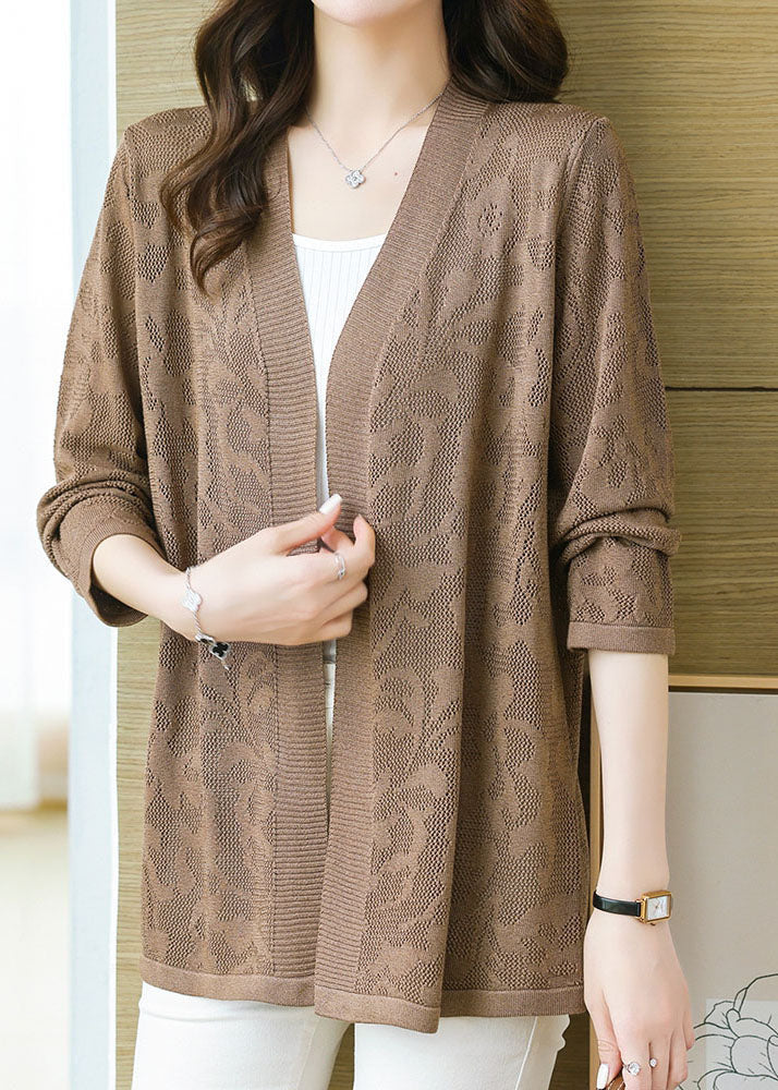 Coffee Patchwork Thin Knit Cardigan Long Sleeve
