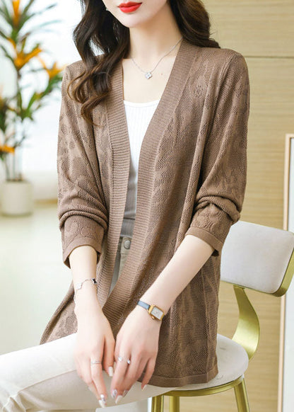 Coffee Patchwork Thin Knit Cardigan Long Sleeve