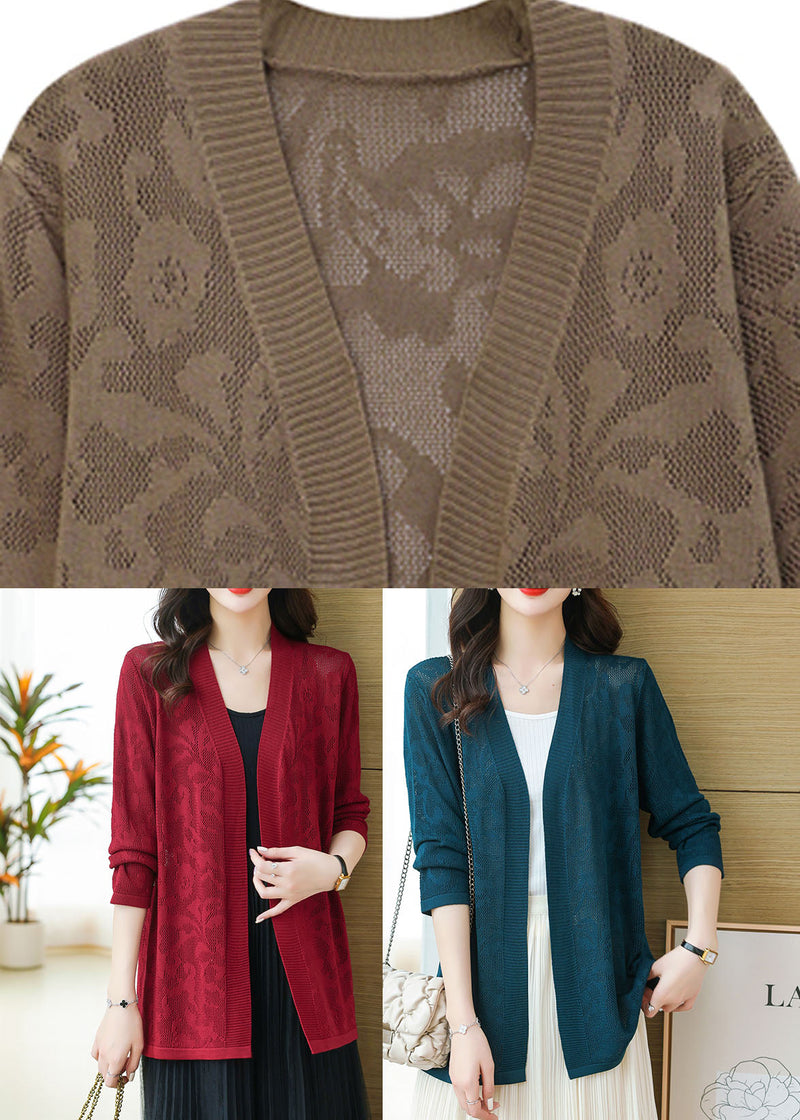 Coffee Patchwork Thin Knit Cardigan Long Sleeve