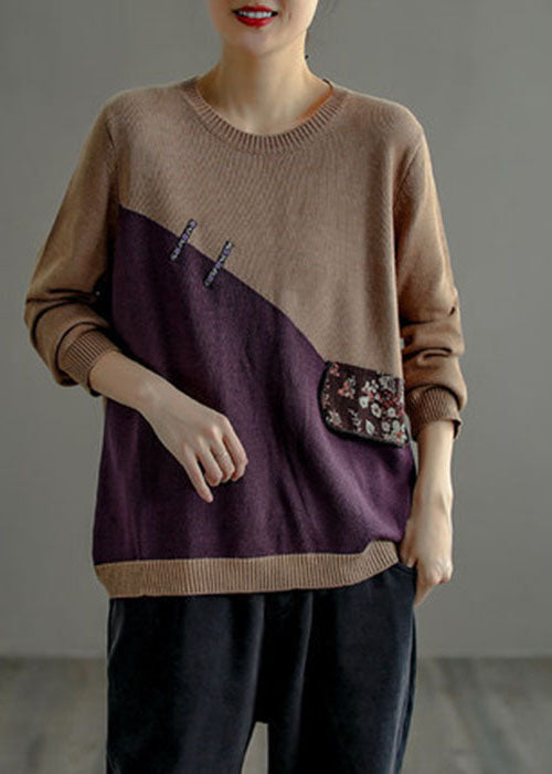 Chocolate Purple O-neck Patchwork Knit Sweater Top Long Sleeve