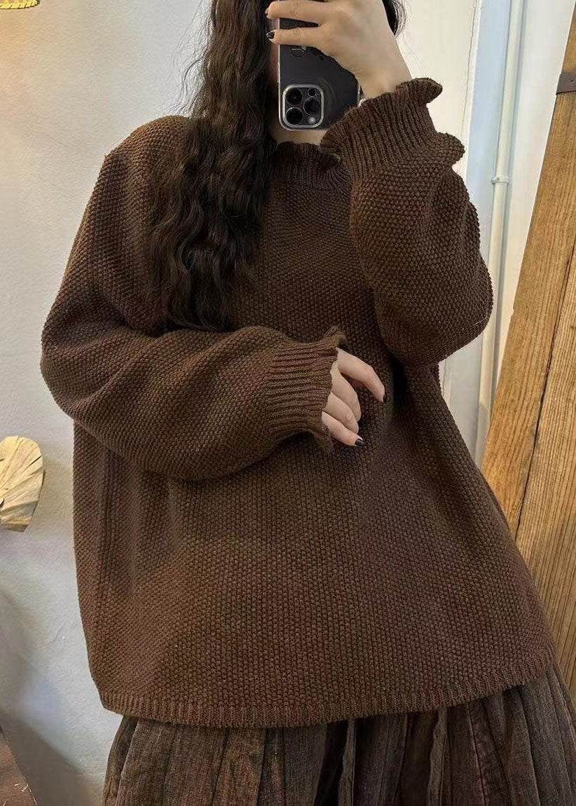 Chocolate Ruffled Oversized Thick Knit Sweater Winter