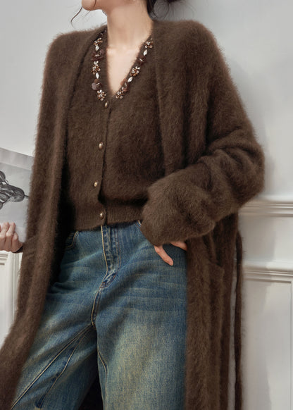 Coffee Sequins Pockets Cardigans and Vest Ma Hai Mao Two Pieces Set Winter
