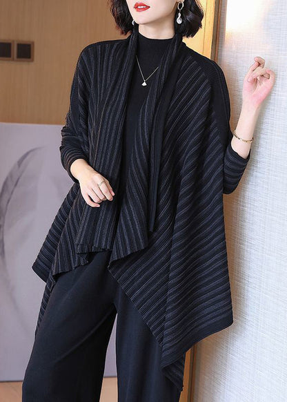 Coffee Striped Asymmetrical Cotton Knit Cardigan Spring