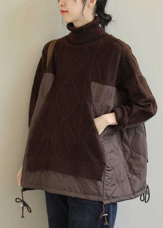 Chocolate Turtle Neck Patchwork Knit Pullover Winter