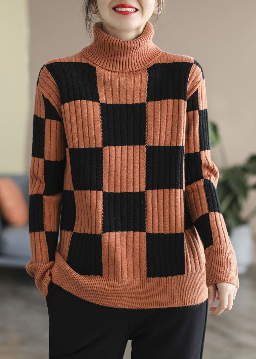 Chocolate Turtle Neck Plaid Knit Top Winter