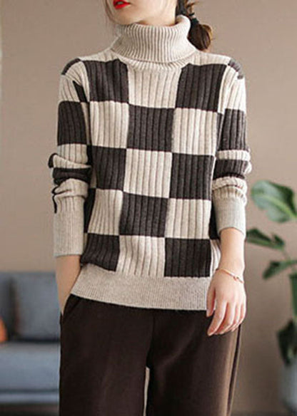 Chocolate Turtle Neck Plaid Knit Top Winter