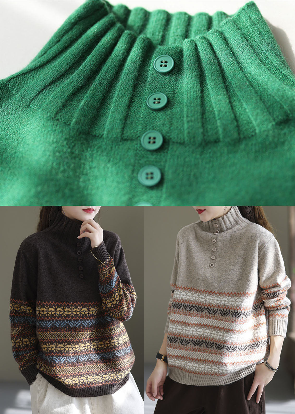 Chocolate Turtle Neck Print Knit Short Sweater Spring