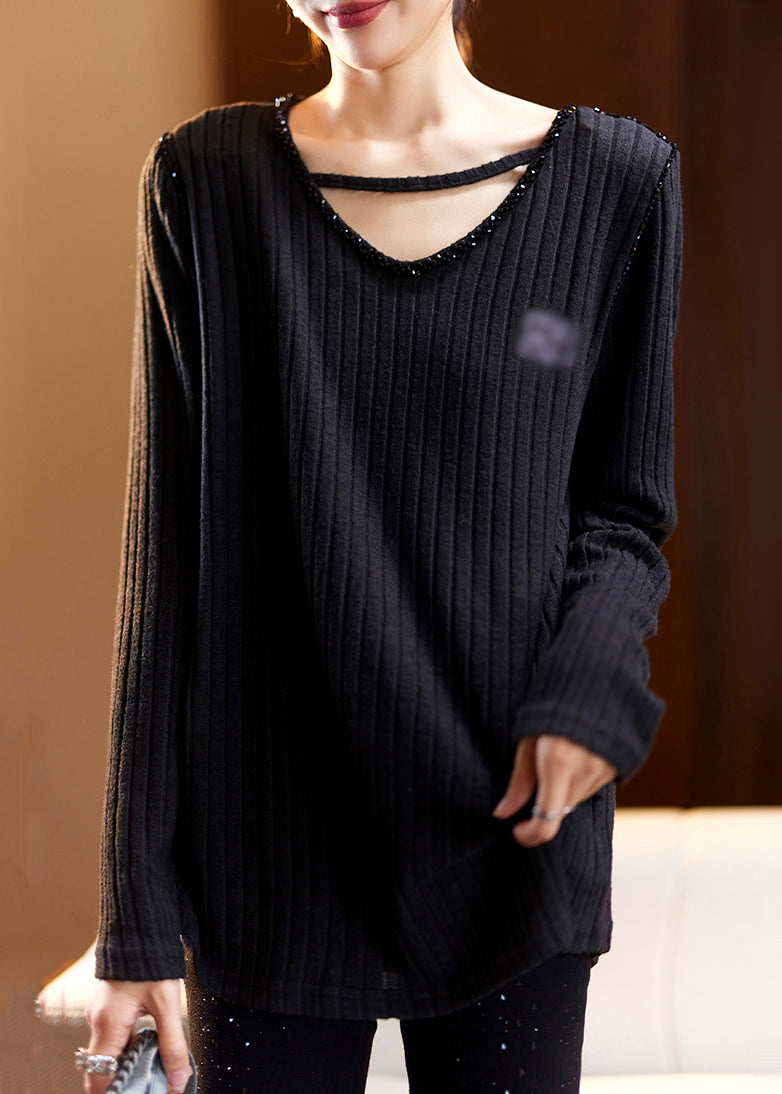 Coffee V Neck Nail Bead Patchwork Knit Top Spring