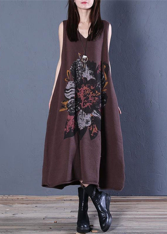 Coffee V Neck Print Cotton Knit Long Dress Sleeveless