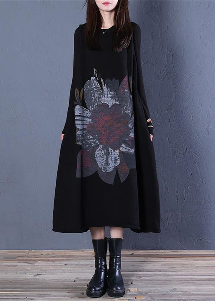 Coffee V Neck Print Cotton Knit Long Dress Sleeveless