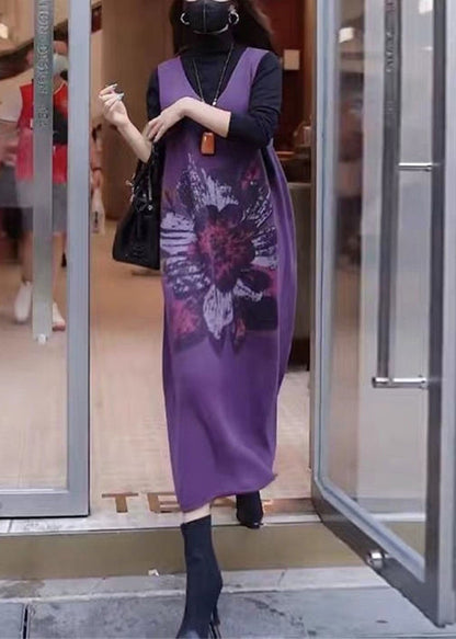 Coffee V Neck Print Cotton Knit Long Dress Sleeveless